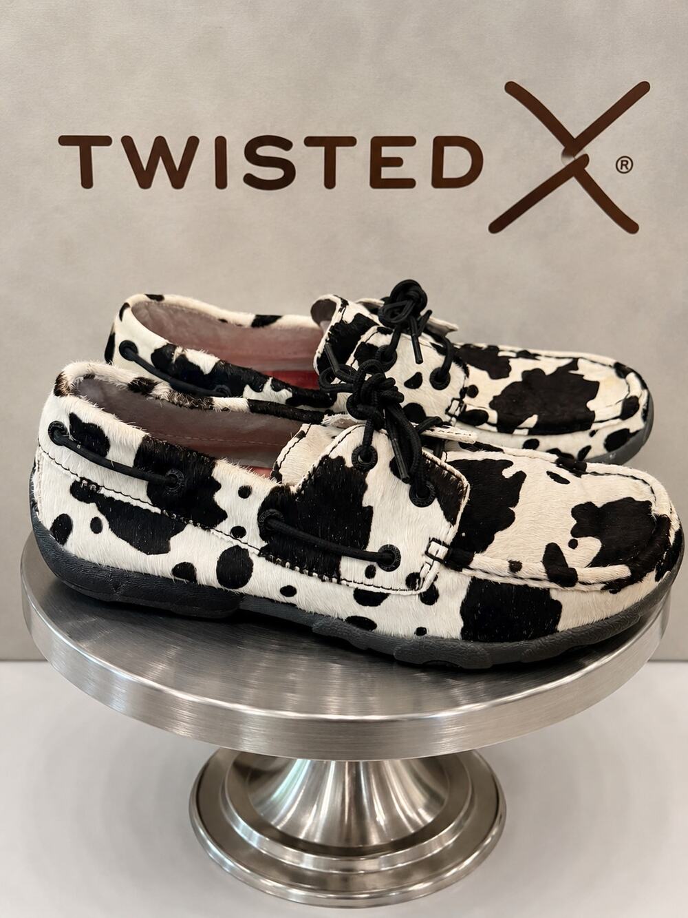 Twisted X WDM0131 Cow Print Hair-On-Hide Boat Shoes Black White 8M